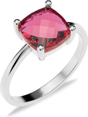 İndigo Takı Kare Fuşya Taşlı Tektaş Beyaz Gümüş Yüzük