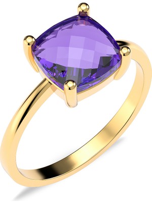 İndigo Takı Kare Ametist Taşlı Tektaş Altın Kaplama Gümüş Yüzük