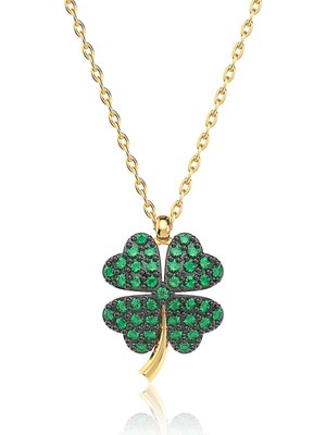 İndigo Takı Yeşil Taşlı Küçük Yonca Altın Kaplama Gümüş Kolye