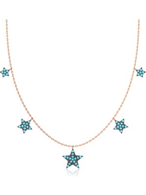 İndigo Takı Firuze Taşlı Beşli Süzme Yıldız Rose Gümüş Kolye