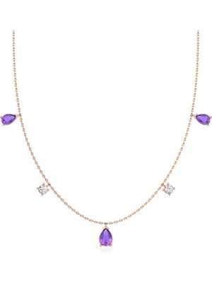 İndigo Takı Sallanan Ametist Taşlı Damlalar Rose Gümüş Kolye