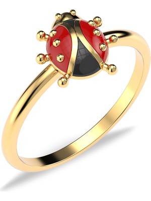 İndigo Takı Uğur Böceği Sade Mineli Altın Kaplama Gümüş Yüzük