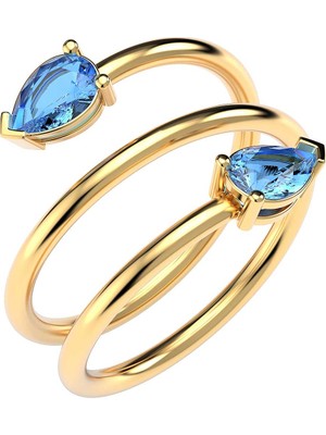 İndigo Takı Aqua Taşlı Akordiyon Altın Kaplama Gümüş Yüzük