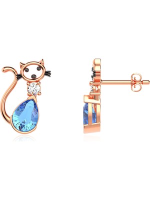 İndigo Takı Aqua Damla Taşlı Kedi Rose Gümüş Küpe