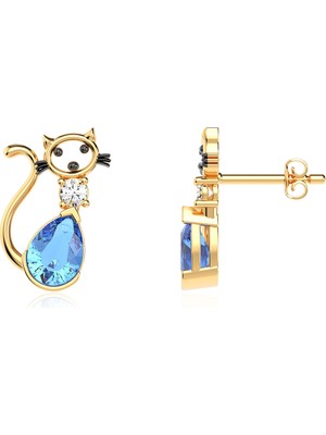 İndigo Takı Aqua Damla Taşlı Kedi Altın Kaplama Gümüş Küpe