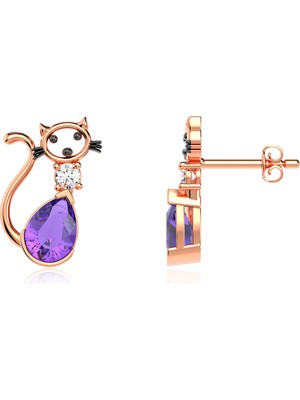İndigo Takı Ametist Damla Taşlı Kedi Rose Gümüş Küpe
