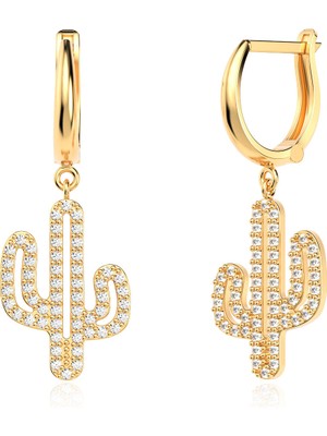 İndigo Takı Taşlı Kaktüs Altın Kaplama Gümüş Küpe