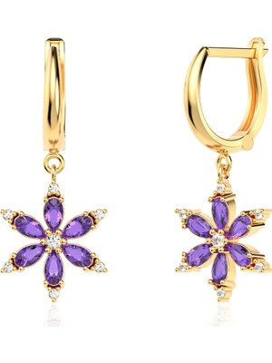 İndigo Takı Ametist Taşlı Lotus Çiçeği Altın Kaplama Gümüş Küpe