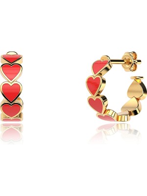 İndigo Takı Sıralı Mineli Kırmızı Kalpler Altın Kaplama Gümüş Küpe