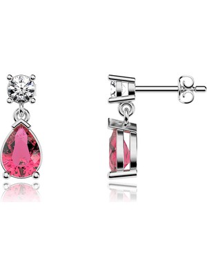 İndigo Takı Fuşya Damla Taşlı Beyaz Gümüş Küpe