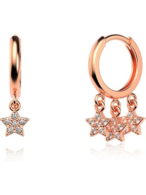 İndigo Takı Taşlı Yıldız Üçlü Sallantılı Rose Gümüş Küpe