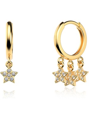 İndigo Takı Taşlı Yıldız Üçlü Sallantılı Altın Kaplama Gümüş Küpe