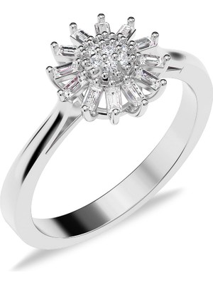 İndigo Takı Zarif Çiçek Formu Baget Beyaz Gümüş Yüzük