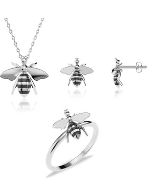 İndigo Takı Mineli Arı Beyaz Gümüş Üçlü Set