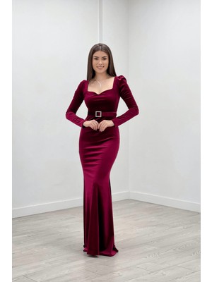 giyimmasalı Kadife Kumaş Kalp Yaka Balık Elbise - Bordo