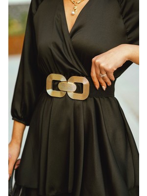 Eslem Butik Siyah Saten Beli Lastikli Saten Mini Elbise(Kemersizdir)