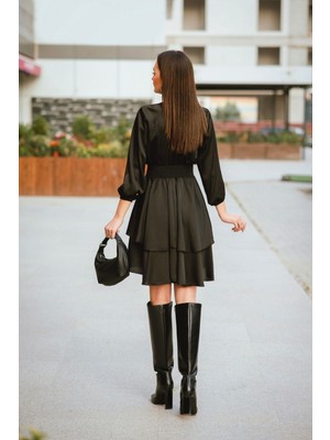 Eslem Butik Siyah Saten Beli Lastikli Saten Mini Elbise(Kemersizdir)
