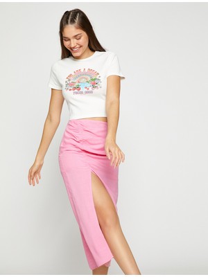 Koton Crop Tişört Slogan Baskılı Kısa Kollu Bisiklet Yaka