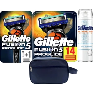 Fusion Proglide 1 Başlık ve Makine + Gillette Fusion Proglide 14 Adet Yedek Tıraş Bıçağı + Skinguard  Tıraş Köpüğü 200 ml + Seyahat Çantası