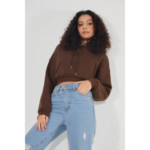 Kadın Kapüşonlu Kanguru Cepli 3 Iplik Içi Polarlı Şardonlu Basic Kalın Crop Sweatshirt