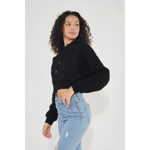 Kadın Kapüşonlu Kanguru Cepli 3 Iplik Içi Polarlı Şardonlu Basic Kalın Crop Sweatshirt