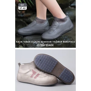 Ultra Esnek Silikon Yağmur Koruyucu Ayakkabı Kılıfı Taban Takviye Kaymaz Su Kir Geçirmez Gri L 37-42