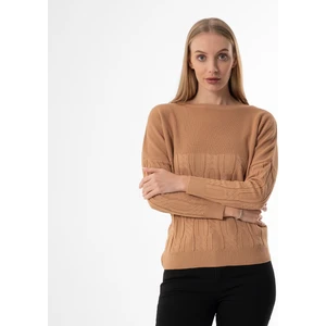 Joven Madre Kayık Yaka Saç Örgü Karamel Oversize Bayan Kazak