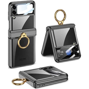 Samsung Galaxy Z Flip 4 Kılıf Kıpta Yüzüklü Lens Korumalı Kapak Siyah