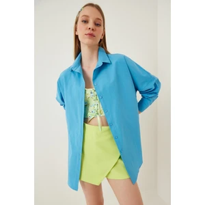 Kadın Mavi Oversize Uzun Basic Gömlek HZL22W-BD139001
