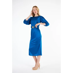 Arkası U Yakalı Lastik Kemerli Midi Boy Saten Abiye Elbise