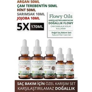 Flowy Oils Saç Bakım Yağı Seti 5'li Argan Yağı, Çam Terebentin Yağı, Hint Yağı, Sarımsak Yağı, Jojoba Yağı 5x