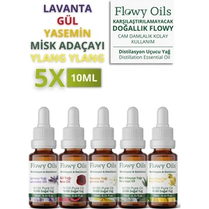 Flowy Oils 5'li En Çok Satanlar Lavanta Yağı, Gül Yağı, Yasemin Yağı, Misk Adaçayı Yağı, Ylang Ylang Yağı Uçucu