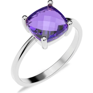 İndigo Takı Kare Ametist Taşlı Tektaş Beyaz Gümüş Yüzük