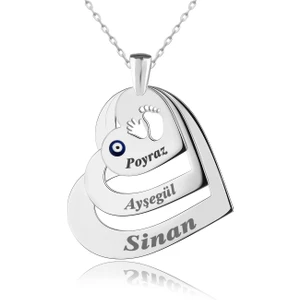 İndigo Takı Üçlü Isimli Ayak Izi Kalpler Beyaz Gümüş Kolye