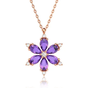 İndigo Takı Ametist Taşlı Lotus Çiçeği Rose Gümüş Kolye