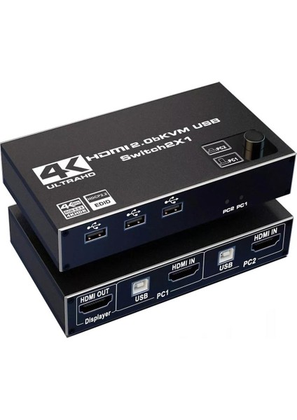 4KVM221 Kvm Switch 2x1 HDMI 2.0 4K Ultra Hd 2160P USB 2.0 Hdcp 2.2 HDR10 Edıd USB Kvm Switch