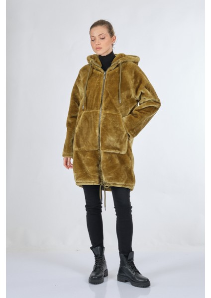 Kapüşonlu Peluş Kürk Zeytin Kadın Kaban 048-219002