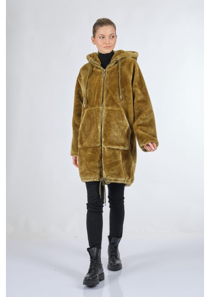 Kapüşonlu Peluş Kürk Zeytin Kadın Kaban 048-219002 fiyatları
