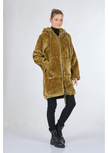 Kapüşonlu Peluş Kürk Zeytin Kadın Kaban 048-219002 fırsatları