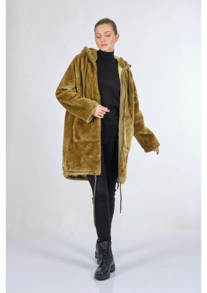 Kapüşonlu Peluş Kürk Zeytin Kadın Kaban 048-219002 indirimleri