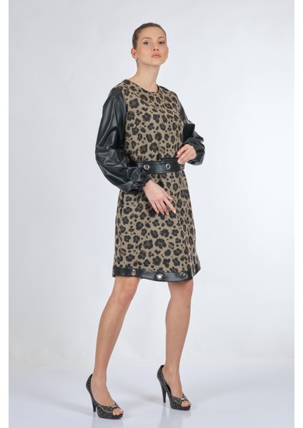 Leopar Desenli Midi Elbise - Deri Detaylı Uzun Kol fırsatları