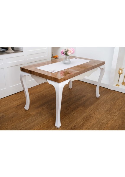 Dolce Nakışlı Keten Efekt Kumaş Kreme Pembe Runner 45X150 cm - 1405