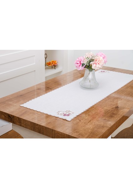 Dolce Nakışlı Keten Efekt Kumaş Kreme Pembe Runner 45X150 cm - 1405