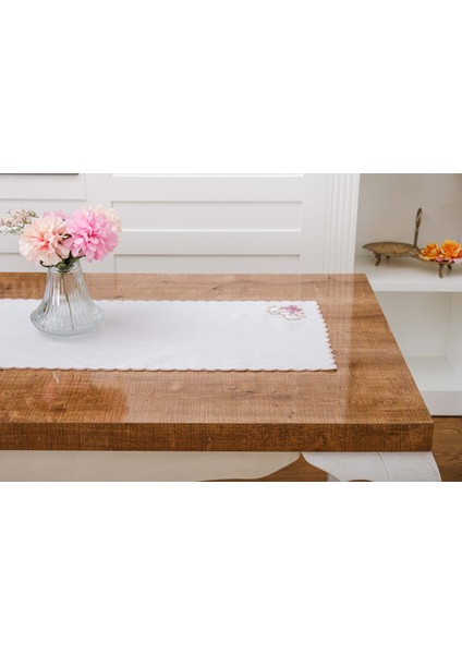 Dolce Nakışlı Keten Efekt Kumaş Kreme Pembe Runner 45X150 cm - 1405