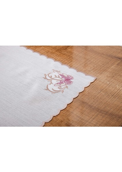 Dolce Nakışlı Keten Efekt Kumaş Kreme Pembe Runner 45X150 cm - 1405