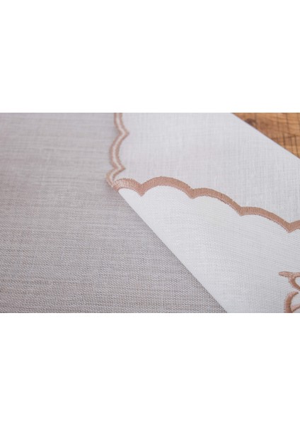 Dolce Nakışlı Keten Efekt Kumaş Kreme Pembe Runner 45X150 cm - 1405