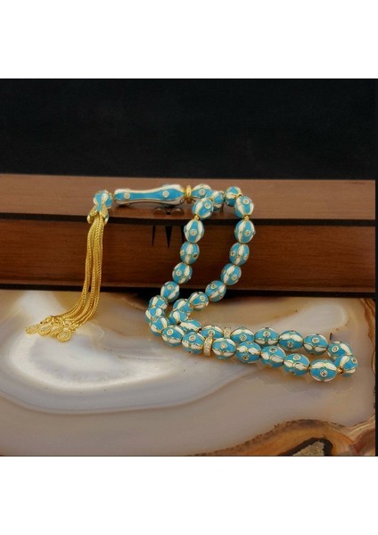 925 Ayar Gümüş Turkuaz Beyaz Renk Mineli Zirkon Taşlı Tesbih