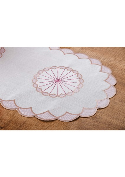 Mila Nakışlı Keten Efekt Kumaş Kreme Pembe Runner 45X150 cm - 1408 indirimleri