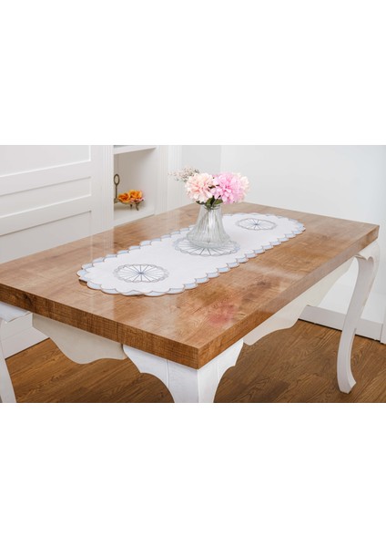Mila Nakışlı Keten Efekt Kumaş Kreme Mavi Runner 45X150 cm - 1409