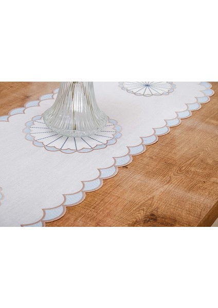 Mila Nakışlı Keten Efekt Kumaş Kreme Mavi Runner 45X150 cm - 1409